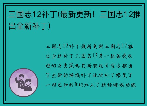 三国志12补丁(最新更新！三国志12推出全新补丁)