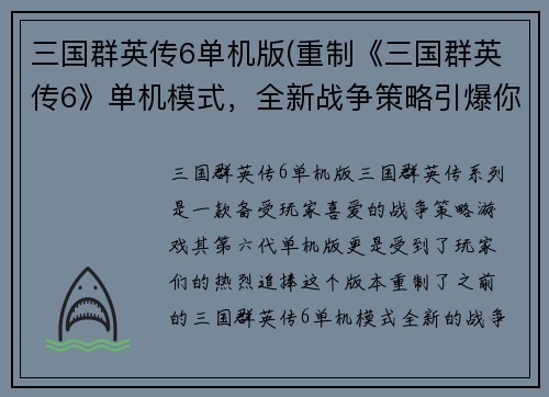 三国群英传6单机版(重制《三国群英传6》单机模式，全新战争策略引爆你的游戏热情！)